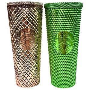 Starbucks 2 Studded Tumbler Cold Cup 24oz Rose Gold And Metallic Green. NO STRAW